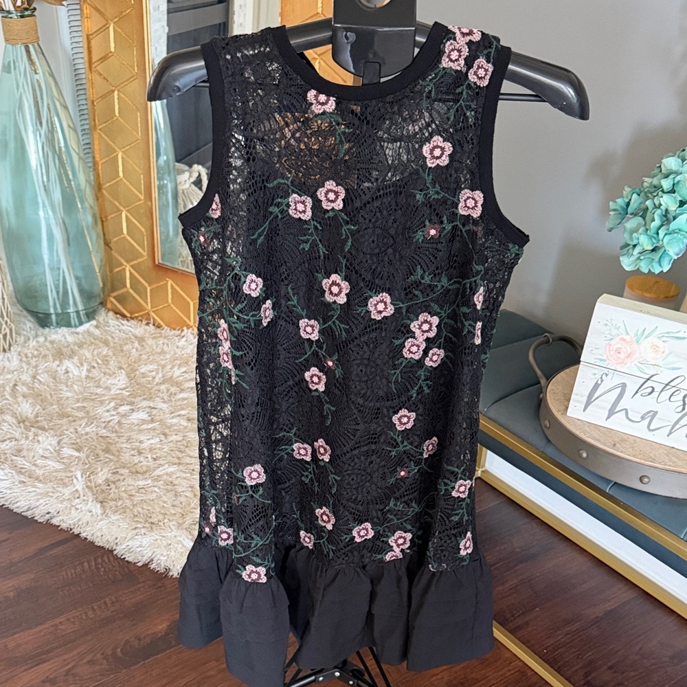 Nasty Gal Black Lace Sleeveless Dress with Pink Floral Embroidery